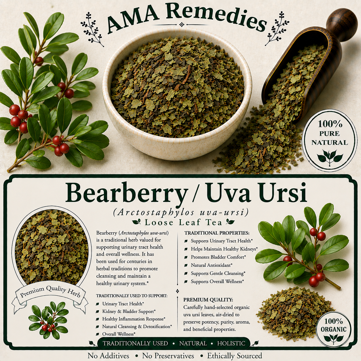 Bearberry / Uva Ursi (Arctostaphylos uva-ursi) Loose Leaf Tea (Organic)
