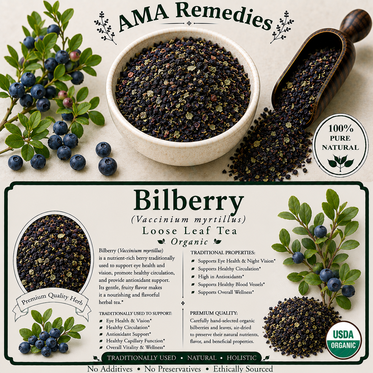 Bilberry (Vaccinium myrtillus) Loose Leaf Tea (Organic)