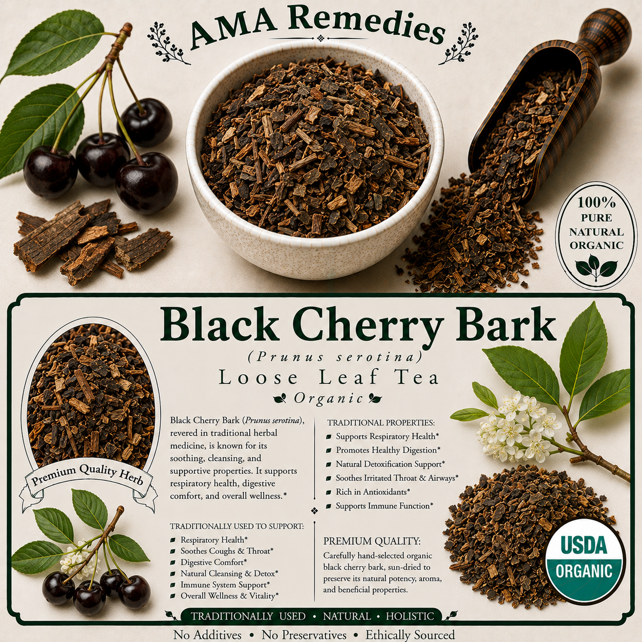 Black Cherry Bark (Prunus serotina) Loose Leaf Tea (Organic)