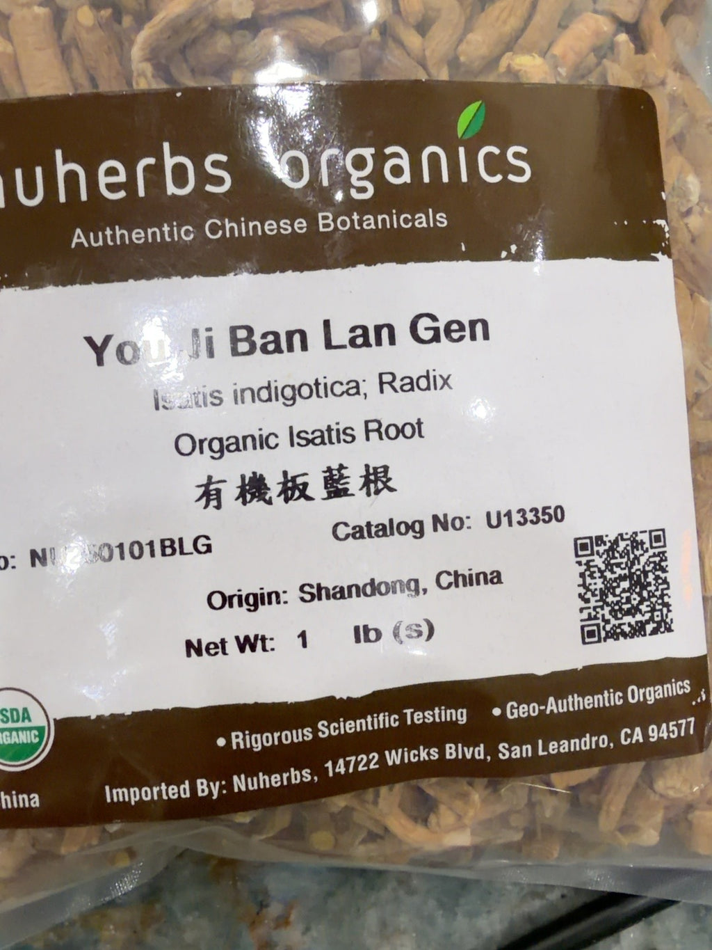 Nuherbs Organics supplier package labeled Ban Lan Gen, Isatis indigotica radix, Organic Isatis Root