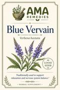 AMA Remedies Blue Vervain label, Verbena hastata, representative botanical illustration