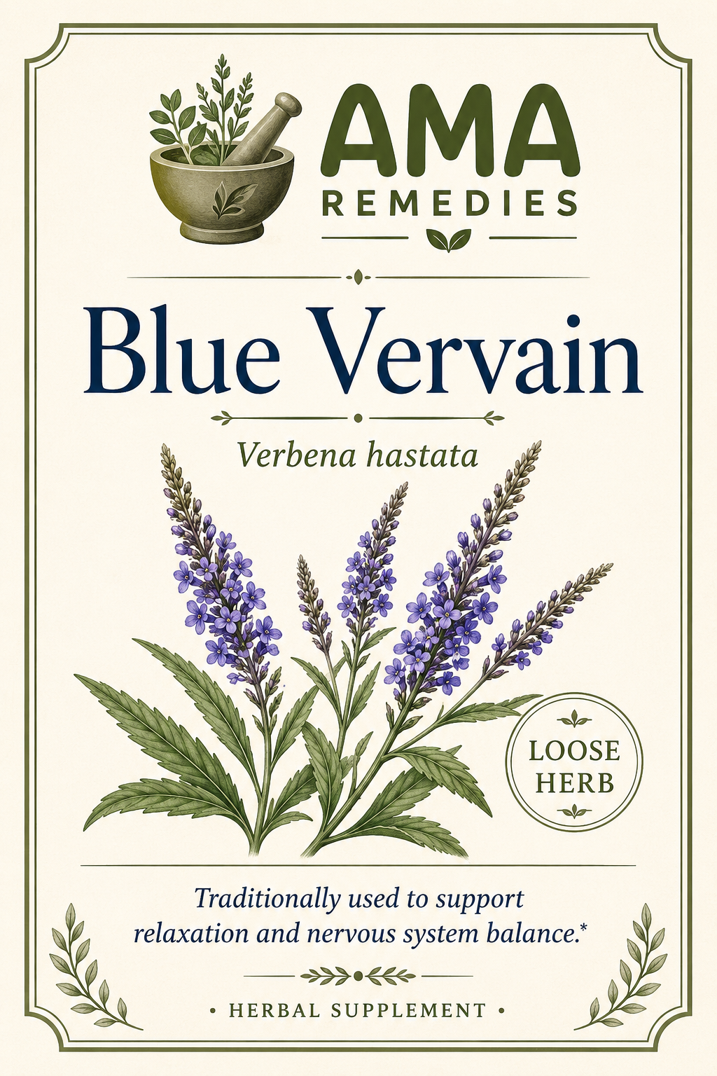 AMA Remedies Blue Vervain label, Verbena hastata, representative botanical illustration