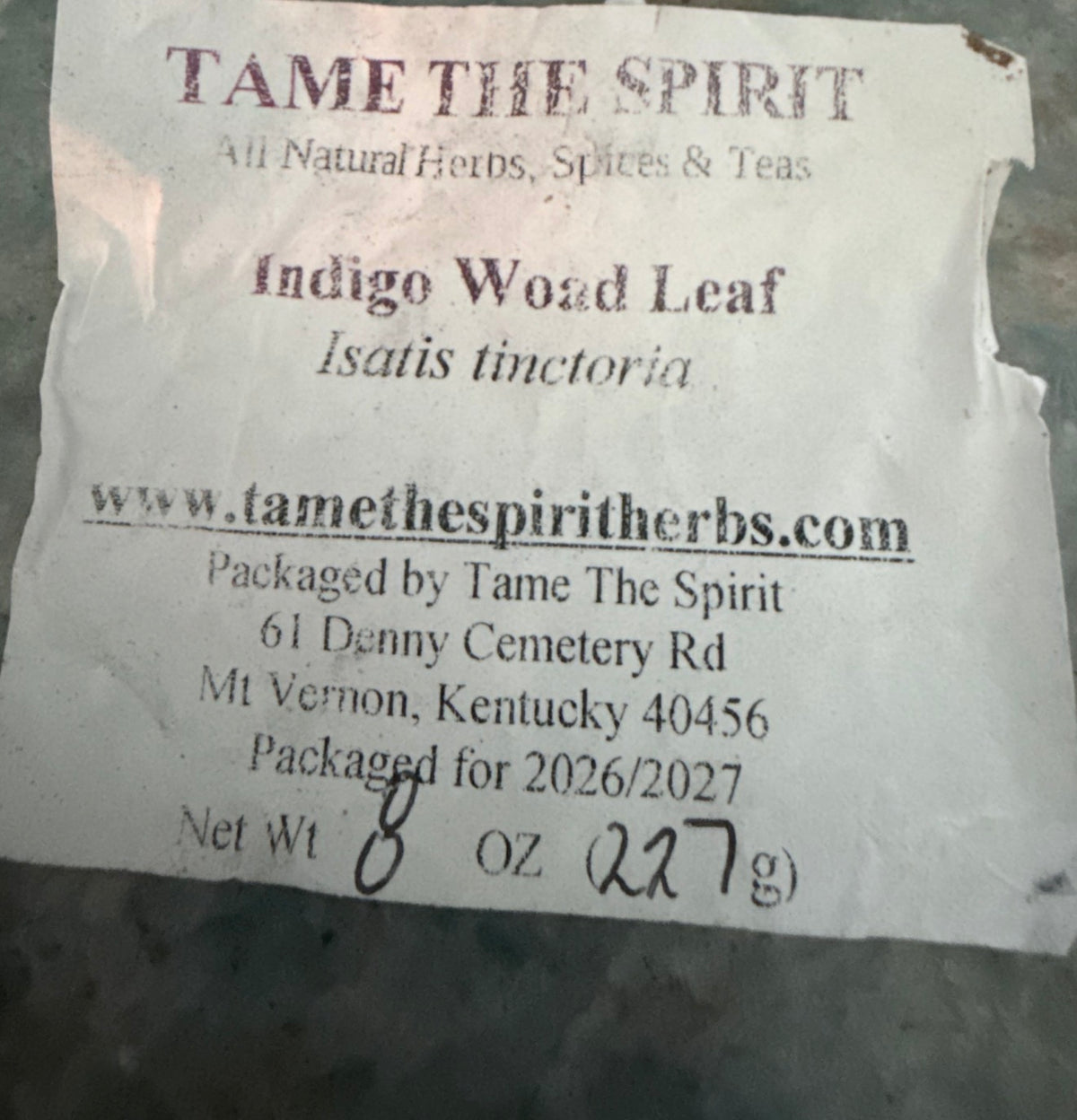 Original Tame the Spirit supplier package label: Indigo Woad Leaf, Isatis tinctoria. Bulk package photo; order weight is selected separately.