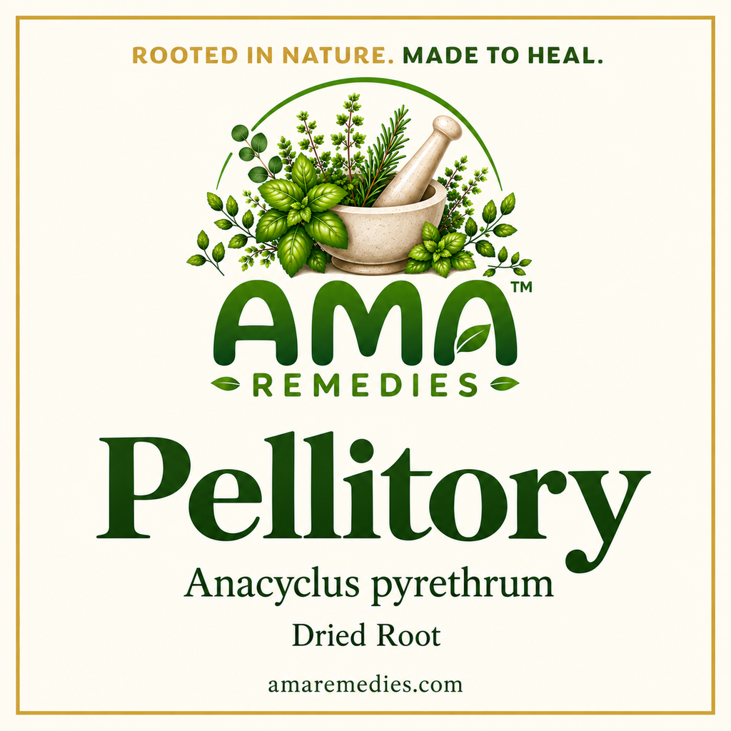 AMA Remedies product identification graphic: Pellitory, Anacyclus pyrethrum, dried root.
